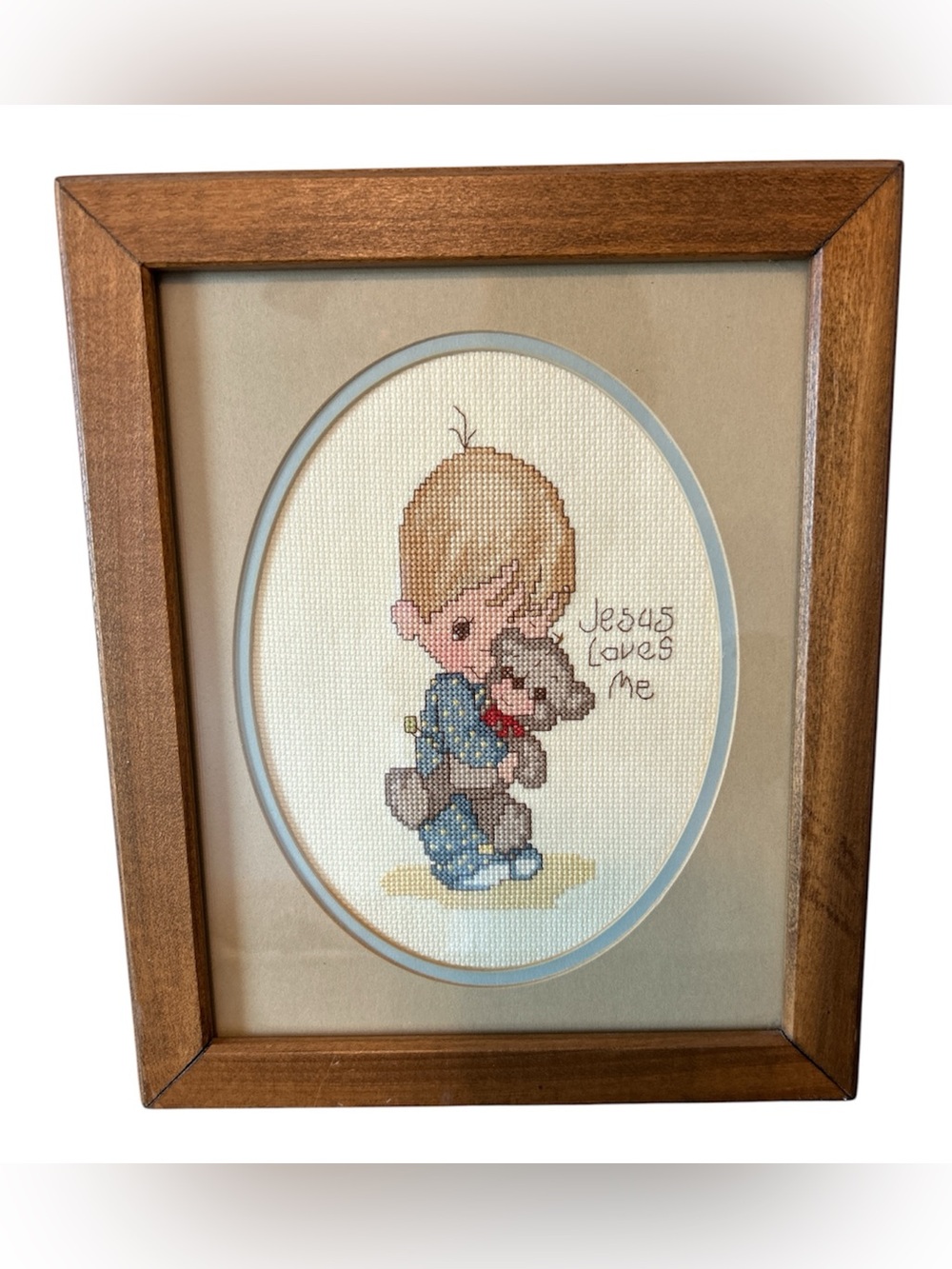 Vintage Precious Moments Style Cross Stitch “Jesus Loves Me” Framed Wall Art